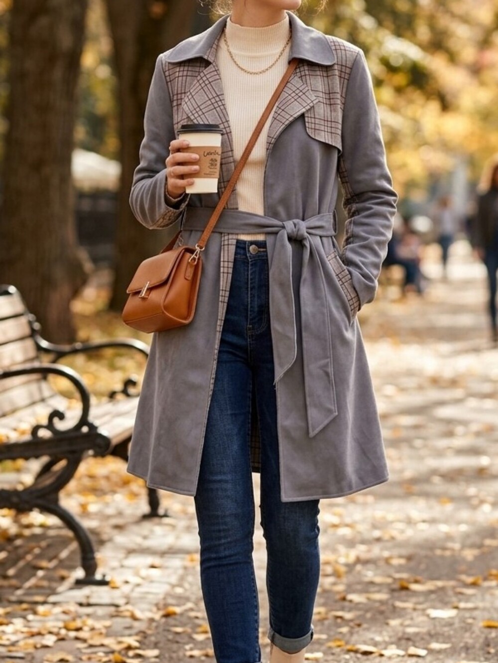 SOLITAIRE Grey Plaid Faux Suede Trench Coat Belted Jacket Small
